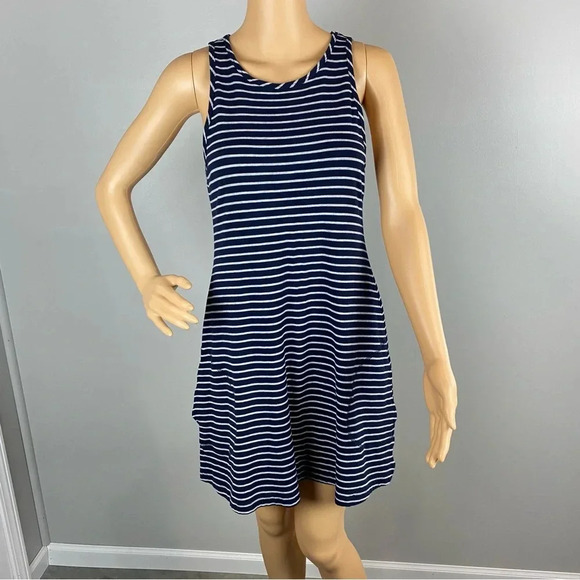 Athleta Womens Small Navy Gray Striped Racerback Super Swing Tank Dress Pockets - Picture 1 of 8